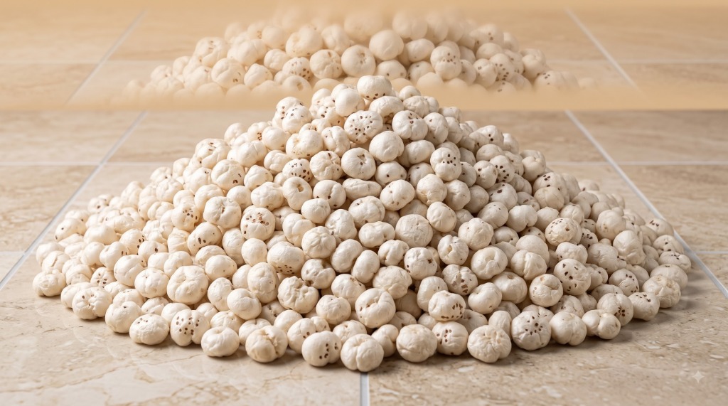 A pile of plain unseasoned makhana kernels