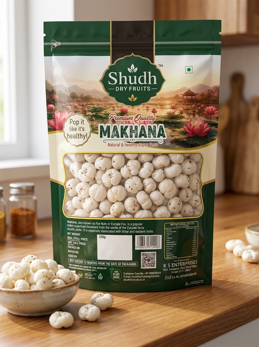 Shudh Plain Makhana pouch kept in a kitchen setting
